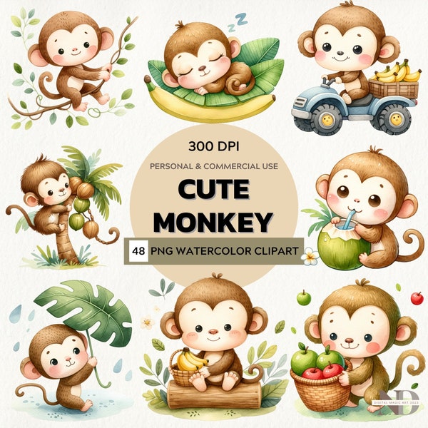 Watercolor Cute Monkey Clipart | Cute Animal PNG | Monkey with Banana | Spring Animal |Jungle Animal Clipart | Commercial Use