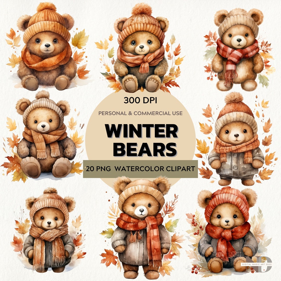 Watercolor Winter Bears Clipart Winter Clipart Bear PNG Nursery Wall