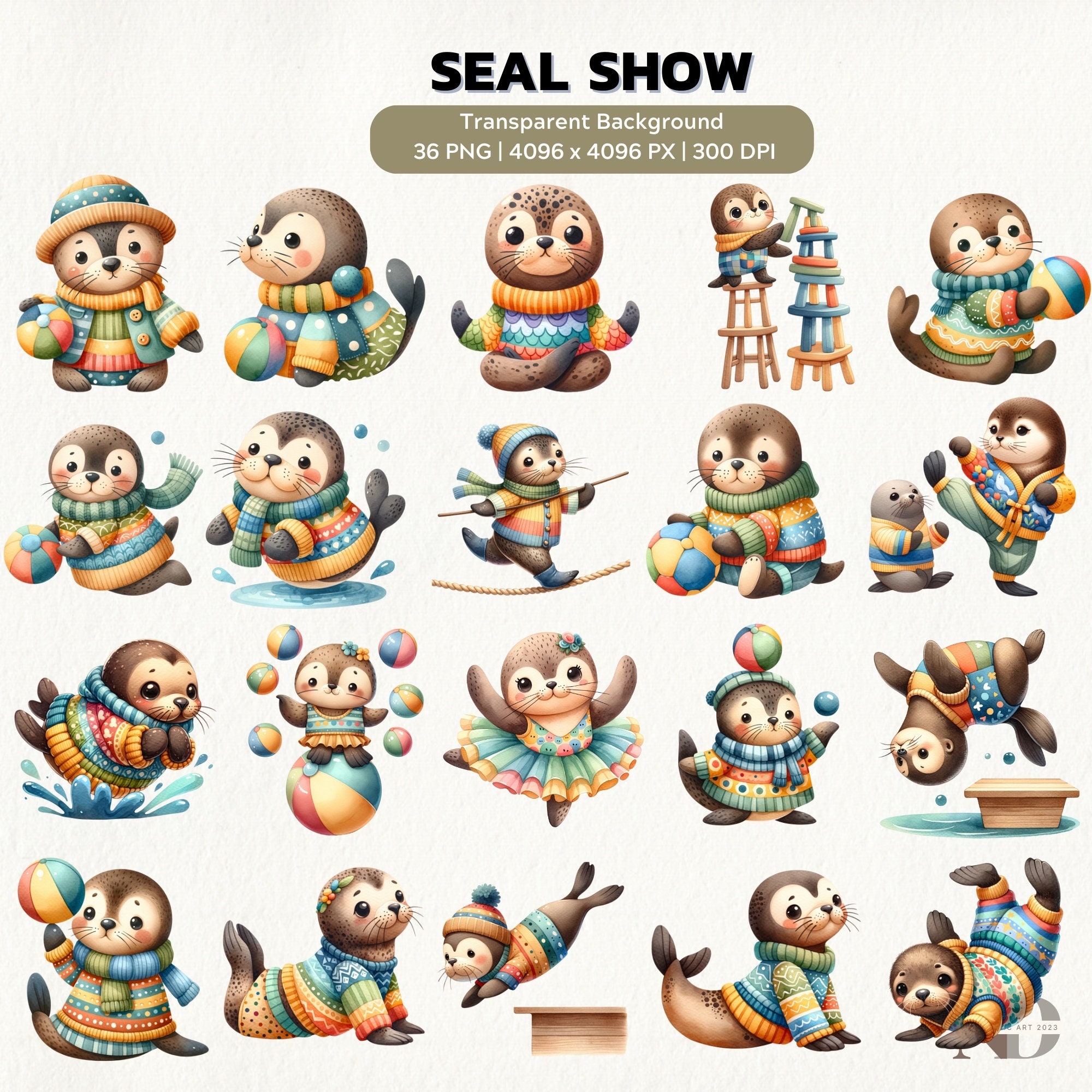 Watercolor Seal Show Clipart Cute Circus Seal PNG Circus Animals ...
