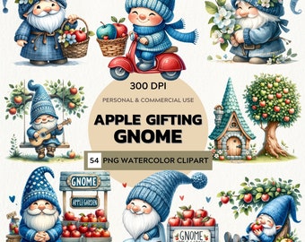 Watercolor Apple Gifting Gnome Clipart | Apple Gifting Clipart | Cute Gnome PNG | Blue Gnome Clipart  | Apple Gifting Day | Commercial Use