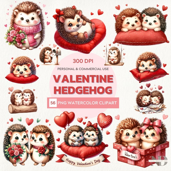 Watercolor Valentine Hedgehog Clipart | Cute Hedgehog PNG | Valentine Clipart | Animal Clipart | Pink Valentine Clipart | Commercial Use