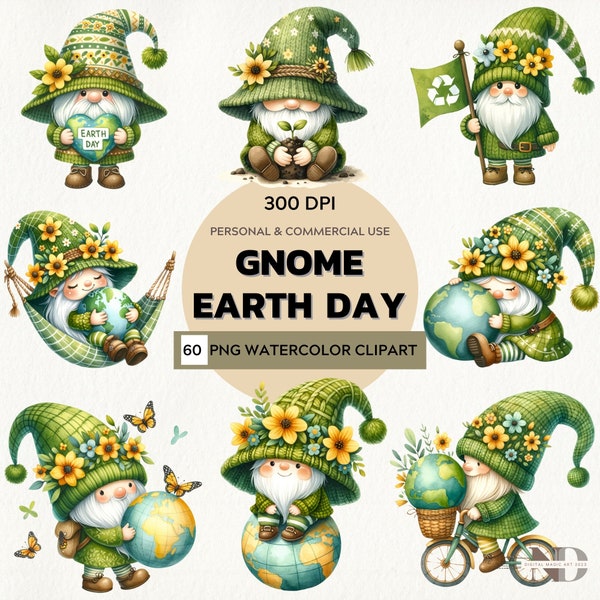 Watercolor Gnome Earth Day clipart | Earth Day png | Recycle png | Eco-Friendly PNG | Gnome png | Green Earth Day Clipart | Commercial Use