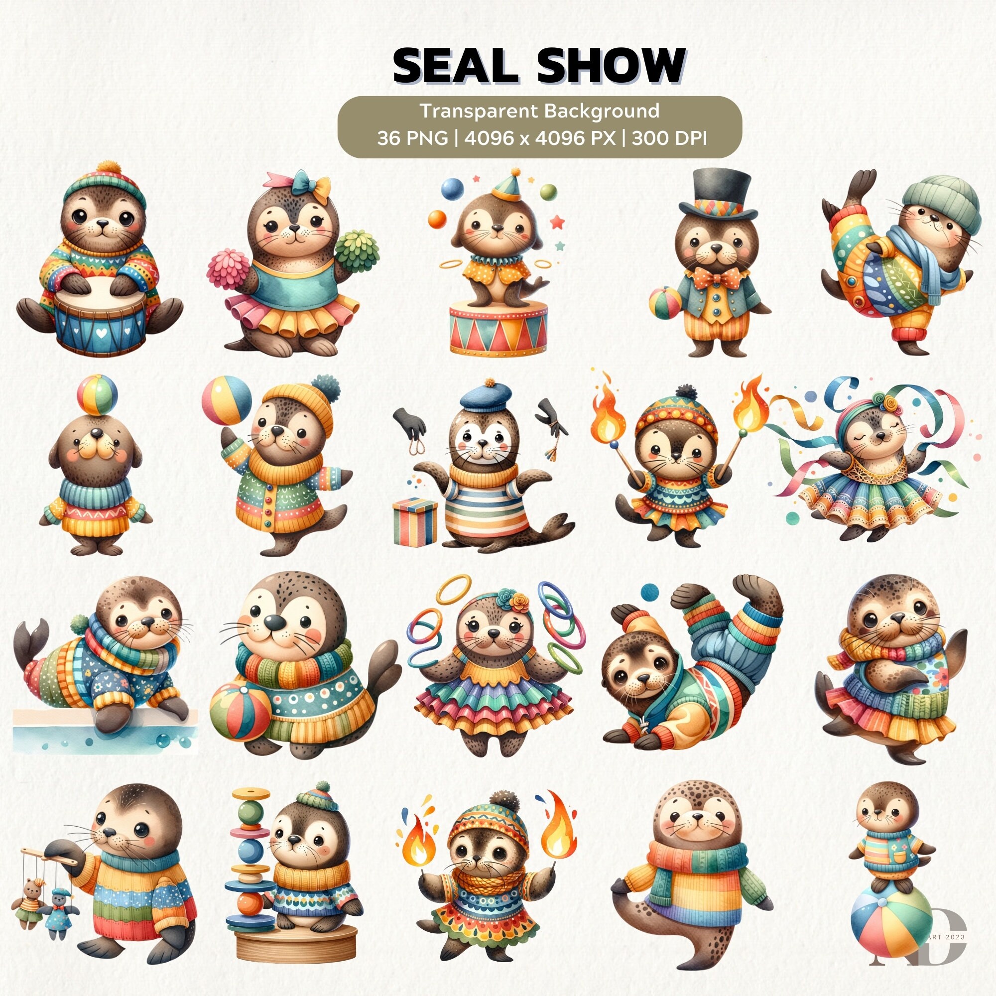 Watercolor Seal Show Clipart Cute Circus Seal PNG Circus Animals ...