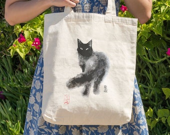 Sac fourre-tout mignon de chat noir, sac fourre-tout en toile de chat noir japonais, sac fourre-tout japonais mignon, cadeau de sorcière pour elle
