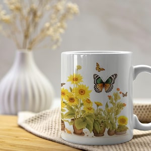 Sunflower Pots Mug, Cute Cottagecore Gift Mug, Sunflower Floral Mug for Mom, Cute Wildflowers Gift