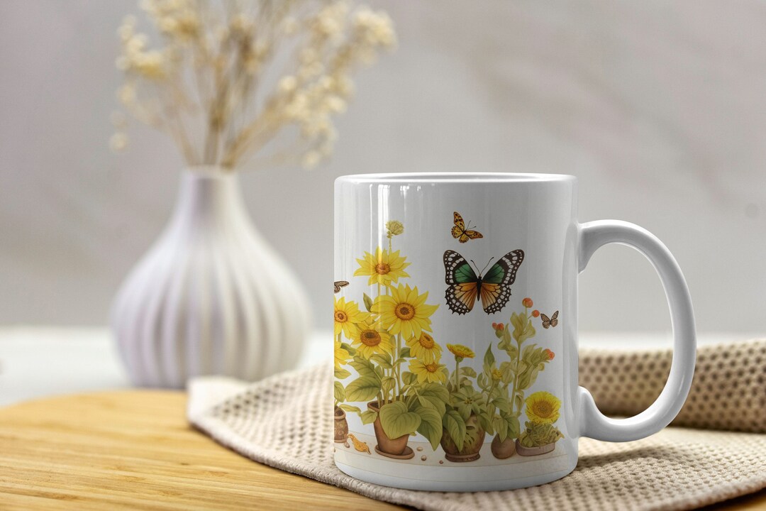 Sunflower Pots Mug, Cute Cottagecore Gift Mug, Sunflower Floral Mug for ...