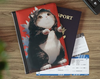 Godzilla Passport Cover, Cat Travel Passport Holder, RFID Wallet, CatZilla Kawaii Passport Cover, Cute Traveling Accessories