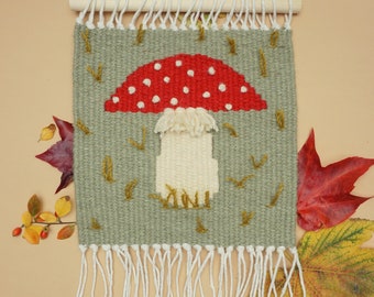 Autumn DIY pattern - MUSHROOM weaving project, e-book manual with step by step tutorial how to weave wall hanging.