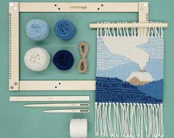 Weaving kit - DIY MOUNTAIN CABIN wall hanging, weaving set with pattern, e-book manual, wool yarn, frame loom, warp and weaving equipment.