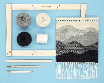 Weaving kit - DIY MOUNTAINS wall hanging, weaving set with pattern, e-book manual, wool yarn, frame loom, warp and weaving equipment.