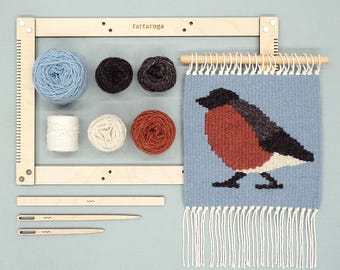 Weaving kit - DIY Bullfinch wall hanging, weaving set with pattern, e-book manual, wool yarn, frame loom, warp and weaving equipment.