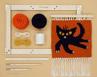 Weaving kit – DIY Kitty wall hanging - starter kit with weaving yarn, warp, pattern, tutorial, frame loom.