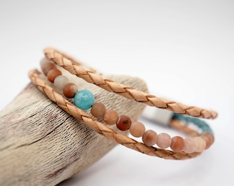 Handmade Bracelet,  Handmade semi precious Stone bracelet ,Plum Blossom Jasper Bracelet, Stainless steel Bracelet, Leather Bracelet