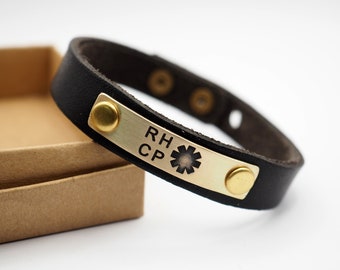 Leather Bracelet, Handmade Leather Cuff-Brown - Genuine Leather and Brass Plate, Musician Gift, Red Hot Chili Peppers, RHCP Fans Gift