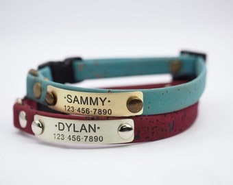 Cat Collar Breakaway Personalized with Name ID Tag, in Light Blue & Wine, lightweight vegan cork, custom for cat, kitten, small dog