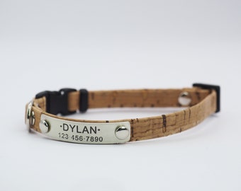 Cat Collar Personalized with Name ID Tag, Small Dog Collar with Non-breakaway or Breakaway Clasp, Vegan Cork, Vintage - Rustic Looking