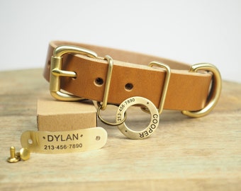 Dog Collar Personalized With ID Tag, Custom Leather Dog Collar With Name Black Brown Tan, Gift For Dog Mom - Dog Dad Gift for dog birthday