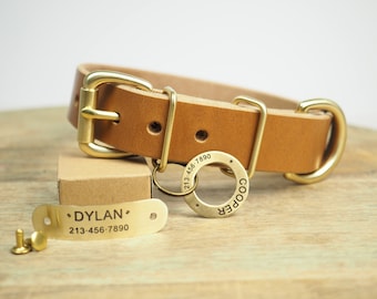 Dog Collar Personalized With ID Tag, Custom Leather Dog Collar With Name Black Brown Tan, Gift For Dog Mom - Dog Dad Gift for dog birthday