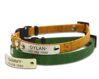 Cat Collar with Name, Breakaway or Non-Breakaway in Green and Honey Mustard, lightweight and soft cork, for cat, kitten and small dog