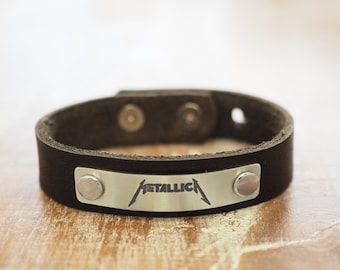 Leather Bracelet,  Handmade  Leather Cuff-Brown - Genuine Leather  Musician Gift, Metallica, Metallica Fans Gift, Metallica leather bracelet