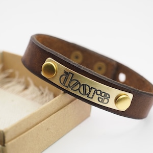 Leather Bracelet, Handmade Leather Cuff the Doors - Genuine Leather and Brass Plate, Musician Gifts, The Doors Band Jim Morrison Fans Gift