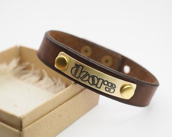 Leather Bracelet, Handmade Leather Cuff the Doors - Genuine Leather and Brass Plate, Musician Gifts, The Doors Band Jim Morrison Fans Gift