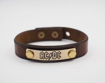 ACDC Leather Bracelet Handmade Leather Cuff-Brown - Leather and Brass Plate ac/dc Rock Band Musician Gifts ACDC Band, ACDC Fans Gift