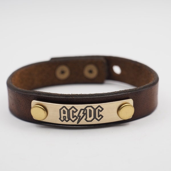 ACDC Leather Bracelet Handmade Leather Cuff-Brown - Leather and Brass Plate ac/dc Rock Band Musician Gifts ACDC Band, ACDC Fans Gift