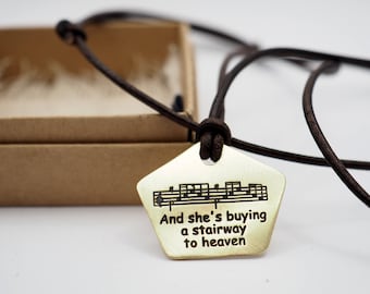 Leather Necklace,  Handmade  Necklace, Genuine Leather and Brass Plate, Musician Gifts, Stairway to heaven , Led Zeppelin Fans Gift