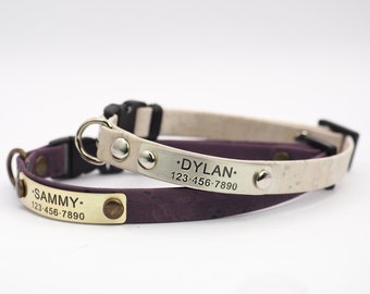 Cat Collar Breakaway Personalized with Name ID Tag, in Purple & White, soft and lightweight vegan cork, custom for cat, kitten, small dog