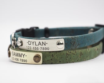 Cat Collar Breakaway Personalized with Name ID Tag, in Rustic Green & Petrol Blue, lightweight vegan cork, custom for cat, kitten, small dog