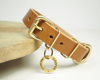 Dog Collar Personalized With ID Tag, Custom Leather Dog Collar With Name Black Brown Tan, Gift For Dog Mom - Dog Dad Gift for dog birthday