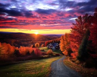 Vermont Inspired Fall Hills with Road to Red Barn at Sunset - Wall Art | Fall Print | Sunset Art | Home Decor | Paper-Canvas-Framed-Metal