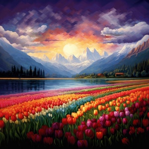 Champ de tulipes avec un lac et des montagnes au coucher du soleil - Art mural | Décoration florale | Impression coucher de soleil | Décoration de la chambre | Papier | Toile | Encadré | Métal