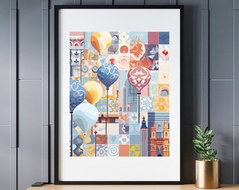 Digital abstract print of pastel colored hot air balloons, patchwork patterns, AI generated