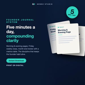 May include: A dark blue digital product graphic for the Founder Journal System. It features white cards labeled Daily Morning & Evening Page and Friday Weekly. Text includes Five minutes a day, compounding clarity, and Instant Download.