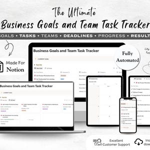 Op de afbeelding: Een digitale business goals en team task tracker, weergegeven op meerdere apparaten, waaronder een laptop, tablets en een smartphone. De tekst bevat "The Ultimate Business Goals and Team Task Tracker" en "GOALS TASKS TEAMS DEADLINES PROGRESS RESULTS".