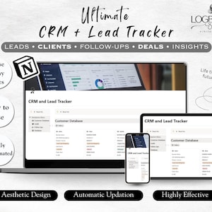 Può includere: Un CRM digitale e un Lead Tracker sono visualizzati su un laptop, un tablet e uno smartphone. Il design include il testo "Ultimate CRM + Lead Tracker", "LEADS • CLIENTS • FOLLOW-UPS • DEALS • INSIGHTS" e "Customer Database".