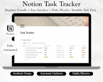 Foglio di calcolo Notion Task Tracker Notion Task Manager giornaliero Pianificatore digitale Elenco attività Planner di gestione attività settimanale Produttività