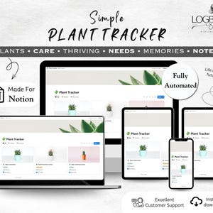 Puede incluir: Un rastreador de plantas digital que se muestra en varios dispositivos, incluyendo un portátil, una tableta y un teléfono. La interfaz presenta un diseño limpio con información sobre el cuidado de las plantas. El texto incluye "Simple Plant Tracker".