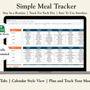 May include: A laptop screen displaying a meal tracker spreadsheet. The text at the top reads "Simple Meal Tracker." The spreadsheet is organized by day and meal, with options for breakfast, lunch, dinner, and snacks. Additional text includes "Stay In a Routine | Track For Each Day | Easy To Use Interface."