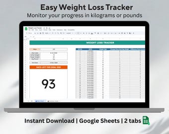 Fogli Google, Tracker di perdita di peso, Foglio di calcolo per la pesata giornaliera, Diario e pianificatore di perdita di peso, Tracker digitale di fitness, Contacalorie