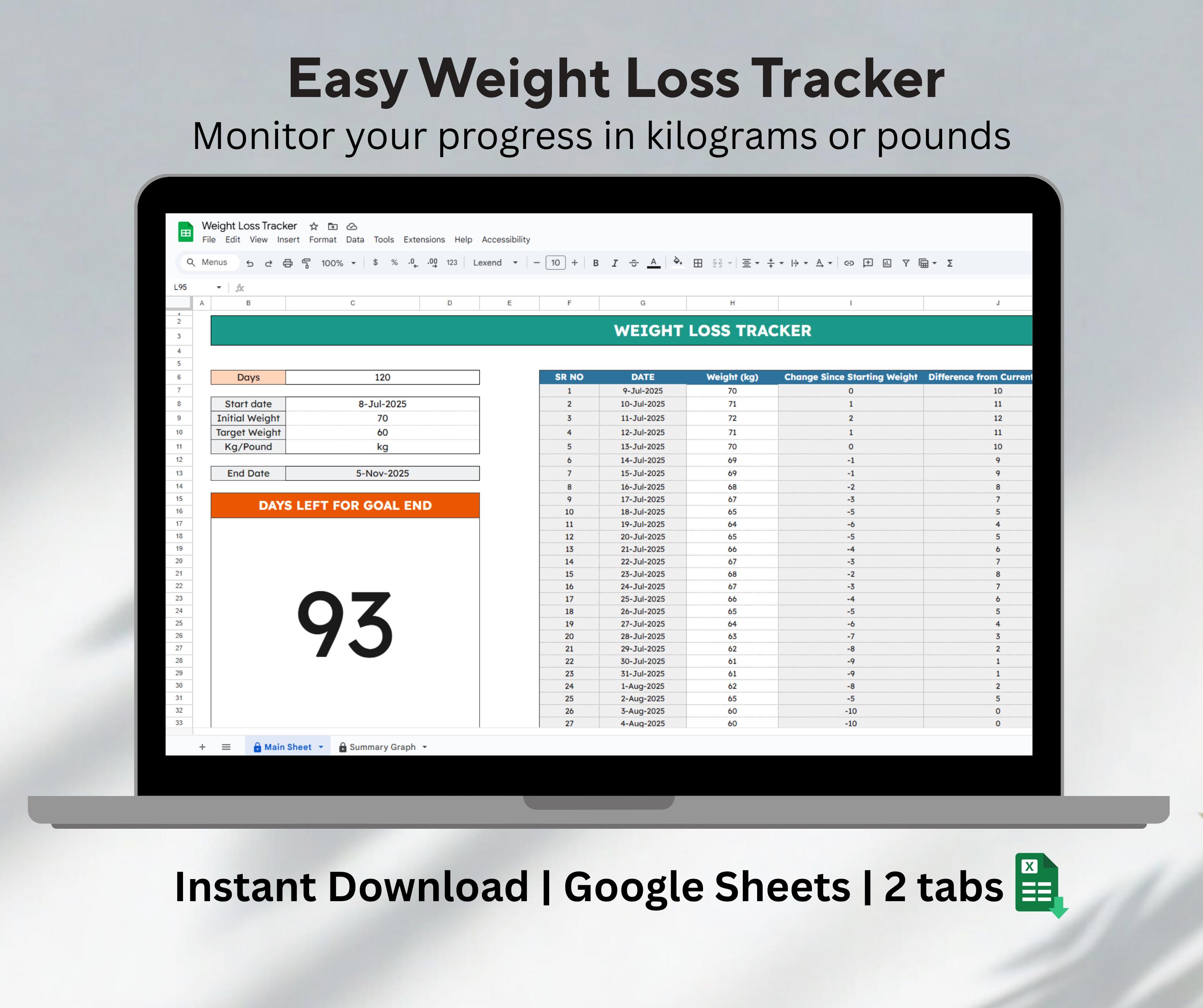 Google Sheets Weight Loss Tracker Daily Weigh-In Spreadsheet Weight Loss Journal & Planner digital fitness tracker calorie counter