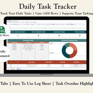 May include: A laptop screen displays a "Daily Task Tracker" spreadsheet. The spreadsheet includes sections for upcoming tasks, due dates, and category classification. The text "Google Sheets" and "Fully Automated" are also visible.