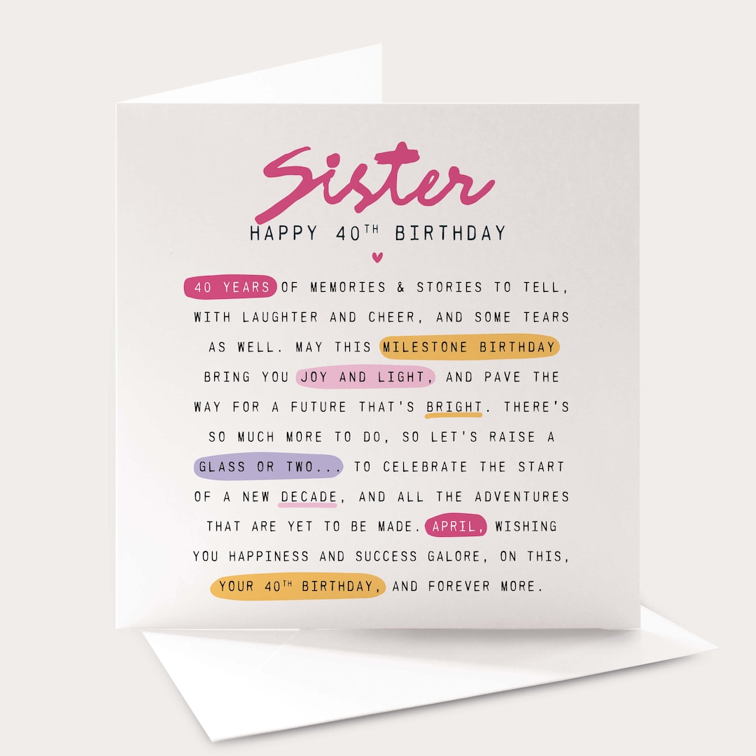 Personalised Sister 40th Birthday Card, Milestone Birthday Card, Sister ...