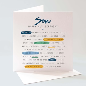 Personalised Son 40th Birthday Card, Milestone Birthday Card, Son Birthday Card, 40th Birthday Card For Him, Meaningful Birthday Card