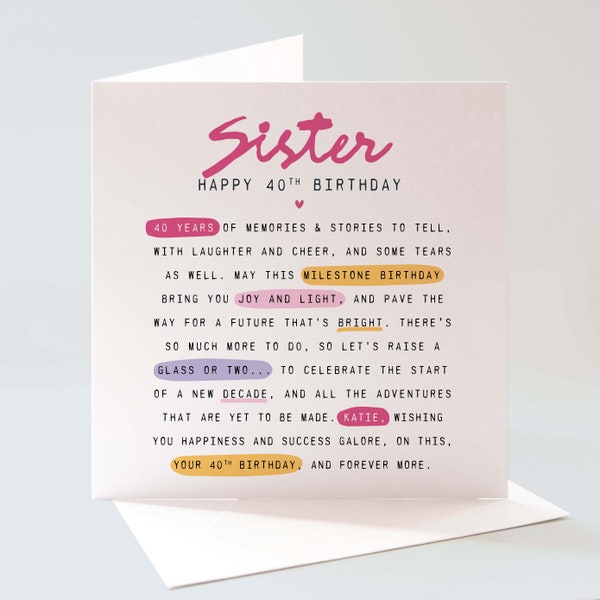 Personalised Sister 40th Birthday Card, Milestone Birthday Card, Sister Birthday, 40th Birthday Card For Her, Meaningful Birthday Card