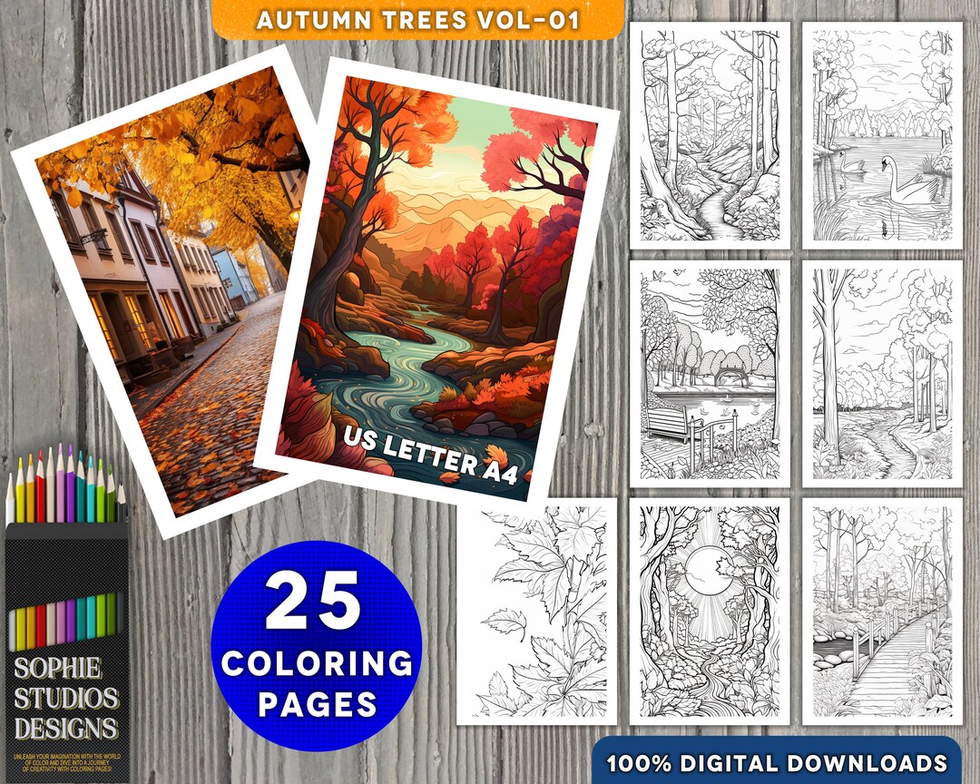 25 Printable Autumn Trees Coloring Book Vol-1 Coloring Book - Etsy