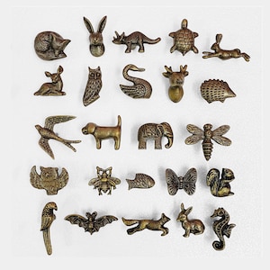 Op de afbeelding: Een verzameling van 24 kleine metalen dierenfiguren. De figuren zijn in verschillende poses en omvatten een hert, een zwaan, een schildpad, een libel, een eekhoorn, een vleermuis, een vis, een vlinder, een bij, een egel, een vos, een zeepaardje, een papegaai, een vogel, een hond, een olifant, een dinosaurus, een konijn, een uil, een kat en een rendier.