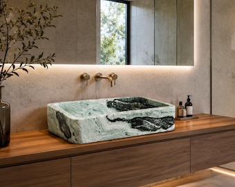 Lavabo en marbre Verde Sangrilla 70x40x15 cm, vasque rectangulaire à poser avec bord épais pour salle de bain moderne